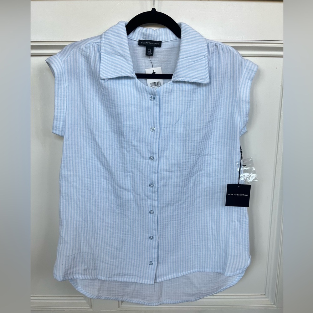 NWT Saks Fifth Avenue Light Blue and White Striped gauze Shirt